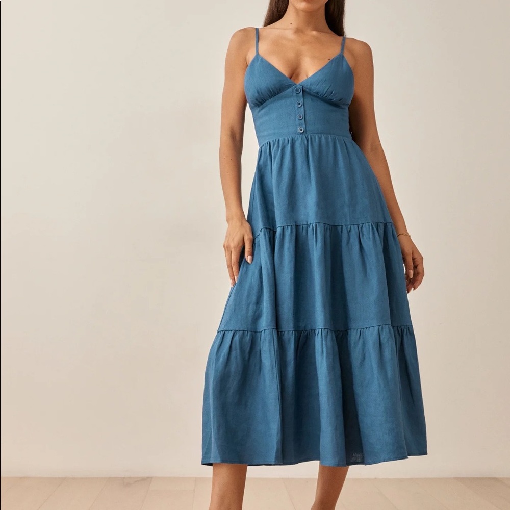 Reformation Adria Linen Dress in Azul